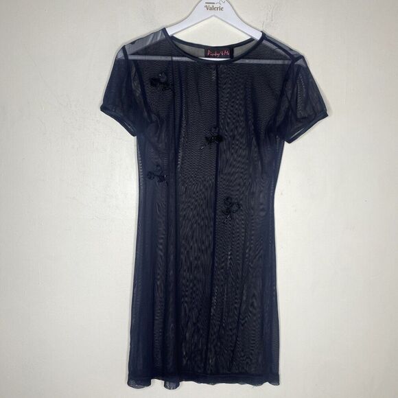 Pinky & Me Black Mesh Mini Dress 90s Y2k Sheer Beaded Size 4 - Picture 2 of 10